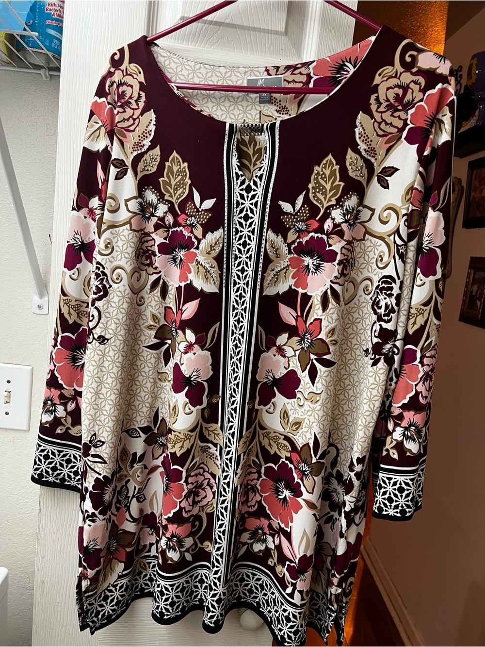 JM Collection Floral Tunic in Burgundy, Pink & Cream with Embellished Trim